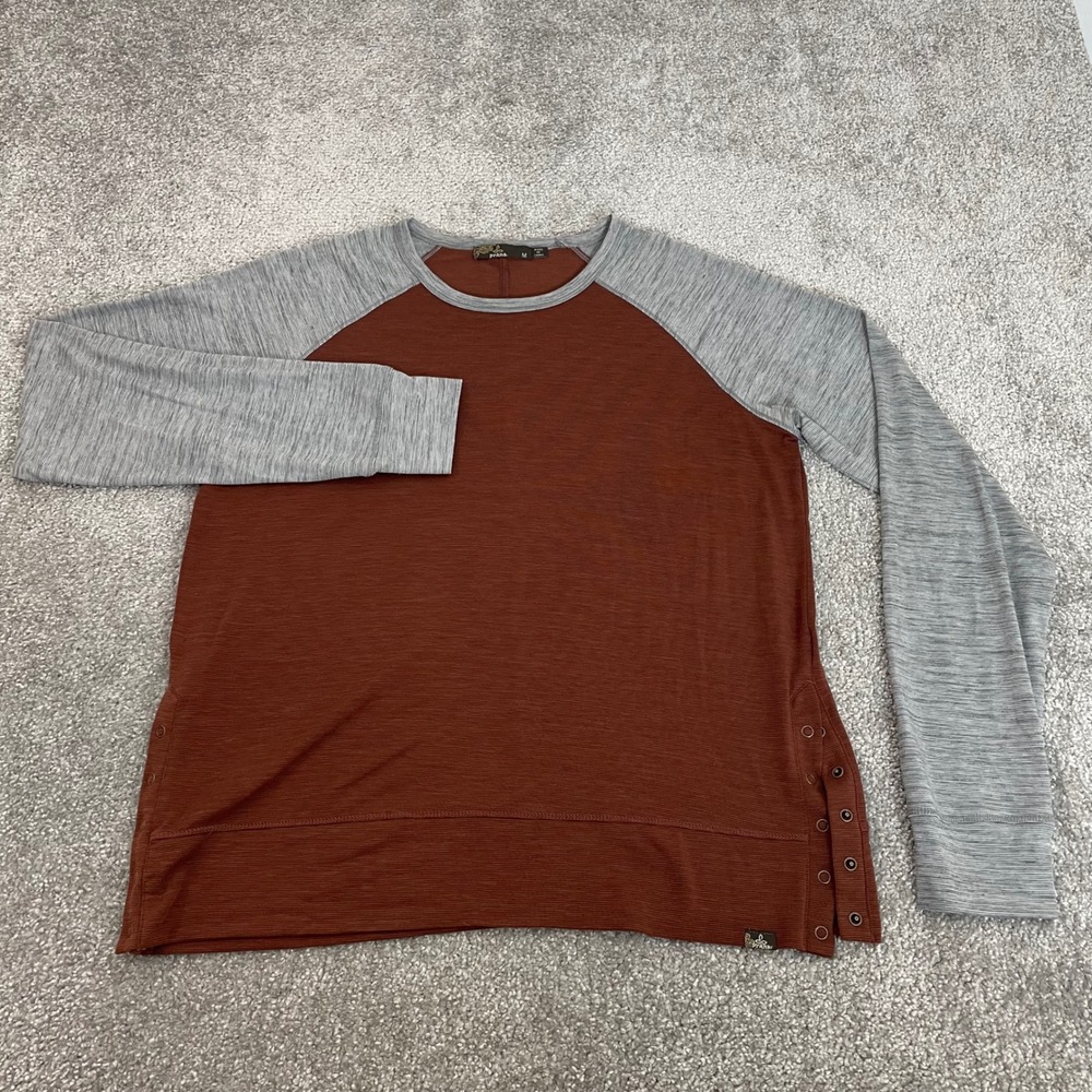Prana Womens Raglan Long Sleeve Top Rust Earthy Gray Snap Side Vents Size M